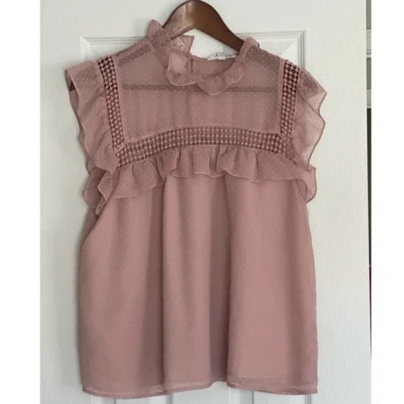 BB Dakota Swiss Dot Blouse Women's Pink Ruffle Sheer Short Sleeve Large - Picture 3 of 4